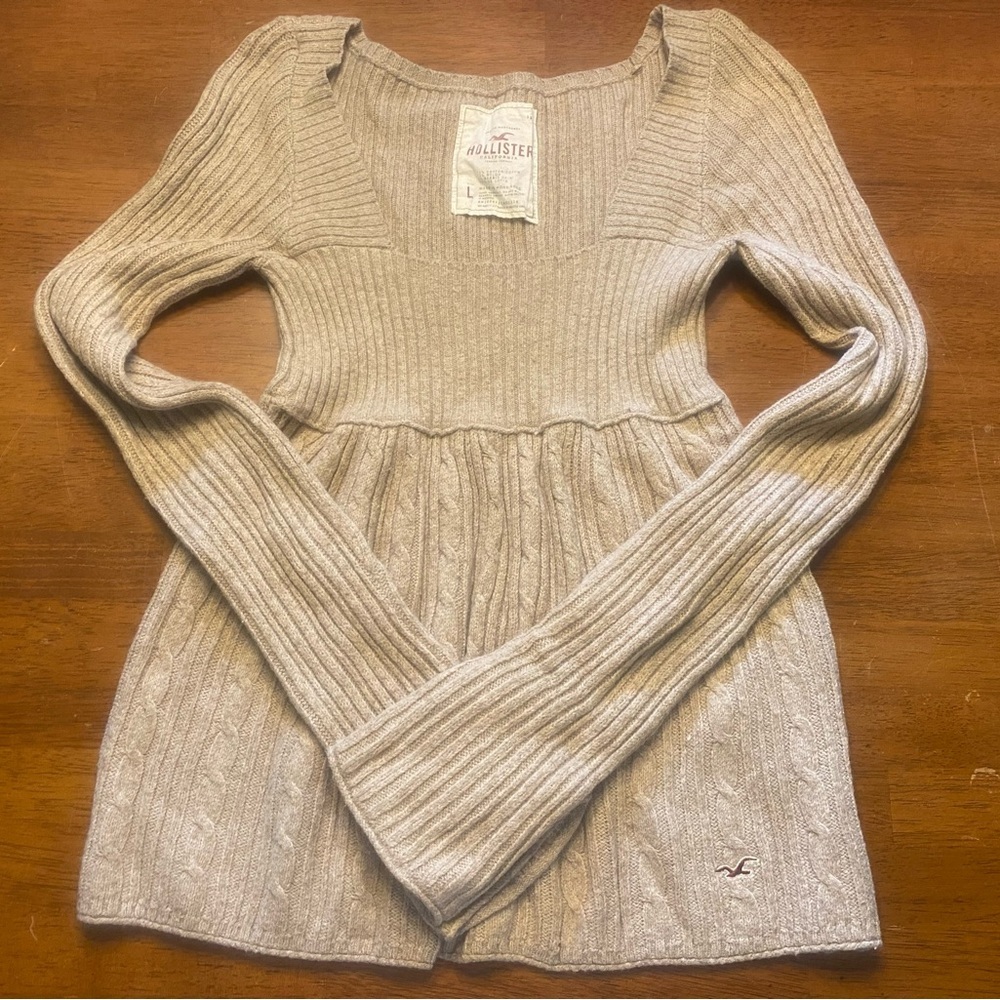 VTG Y2K Hollister Dark Tan Ribbed Knit Babydoll Sweater Rare - Picture 5 of 9